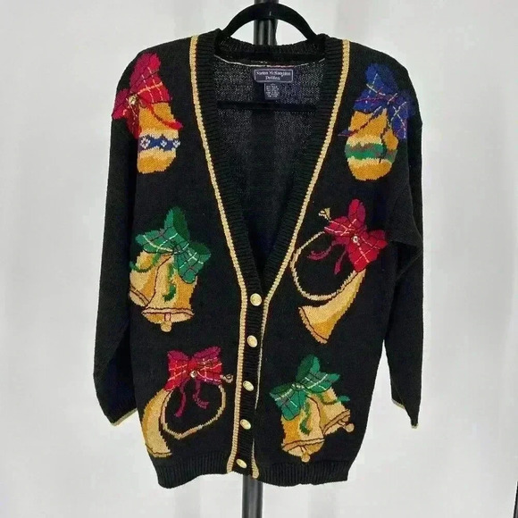 Norton McNaughton Womens Cardigan Sweater Size PS Knit‎ Christmas Holiday Bells - Picture 1 of 9